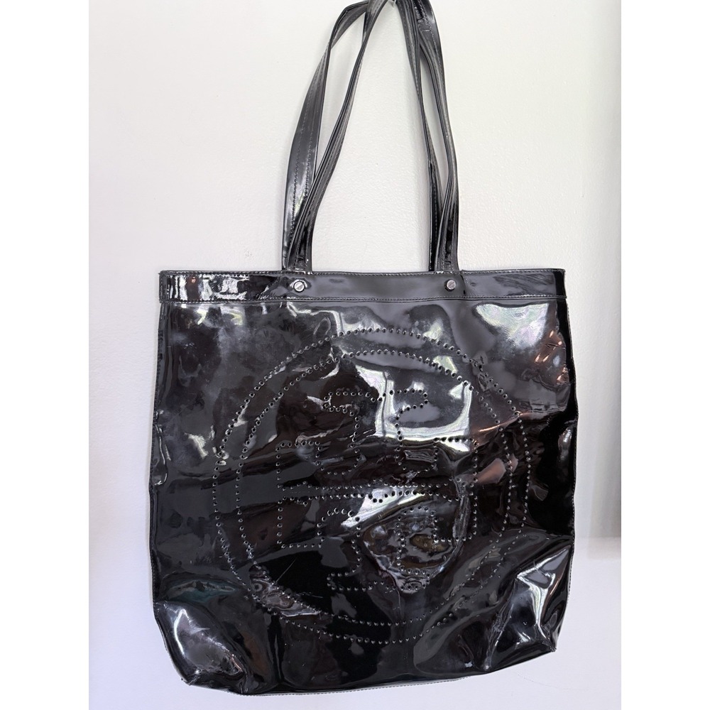 Tory Burch Black Patent Leather Monogram Tote Bag 17x17 Large Carry All Classic